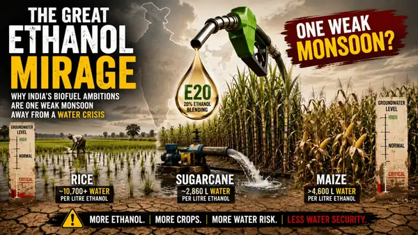 The Great Ethanol Mirage: Why India’s Biofuel Ambitions Are One Weak Monsoon Away from a Water Crisis - Featured Cover Image