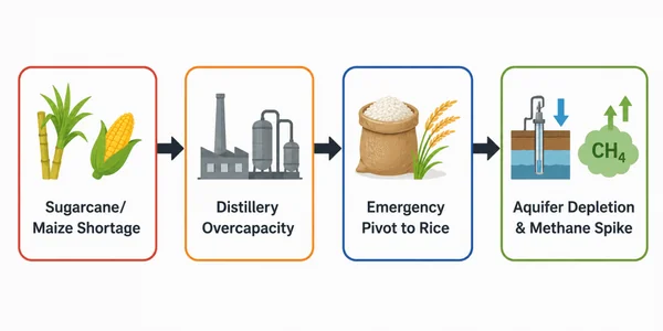 The Great Ethanol Mirage: Why India’s Biofuel Ambitions Are One Weak Monsoon Away from a Water Crisis - Graphic Illustration 1